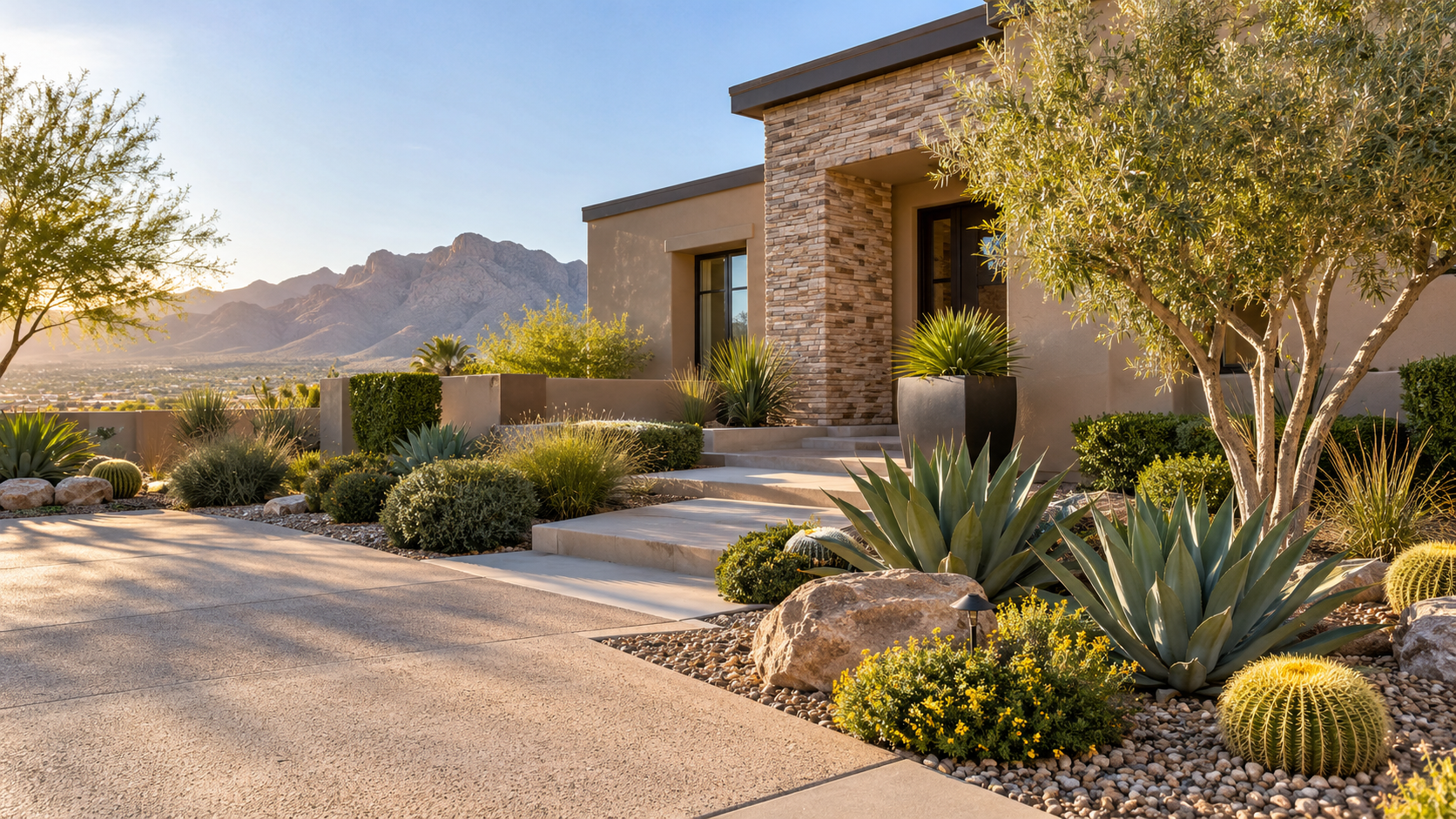 A Southern Nevada home surrounded by carefully maintained desert landscaping.